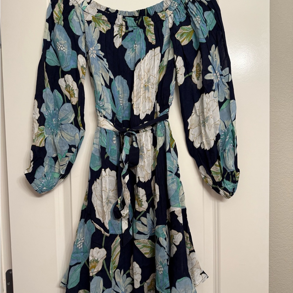 LOFT Off-Shoulder Floral Dress in Blue and White